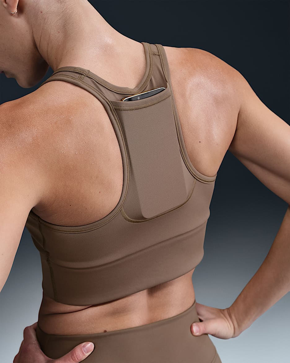 Nike Swoosh Pocket Women s Medium Support Padded Longline Sports Bra Brown Polyester Elastane